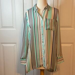 Chico’s Green‎ Black White Striped Top Blouse 0 Small